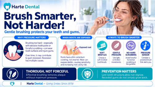 Brush gently. Brushing hard can lead to gum recession, infographic of harte dental brushing gently