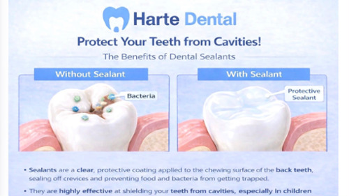 Dental sealants at Harte dental. Image of sealant being applied to tooth and how it blocks bacteria 