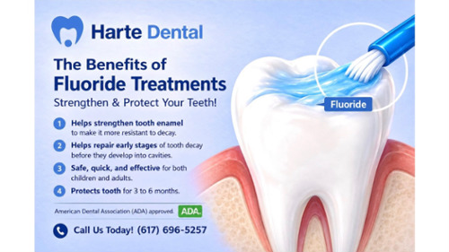 Image of fluoride being applied to a molar tooth at Harte Dental with info on fluoride varnish.