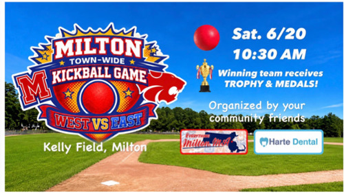 Milton MA Town-Wide Kickball Game image of Harte Dental sponsor flyer for June 20 2026