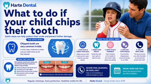 Harte Dental infographic showing what to do in a dental emergency for child